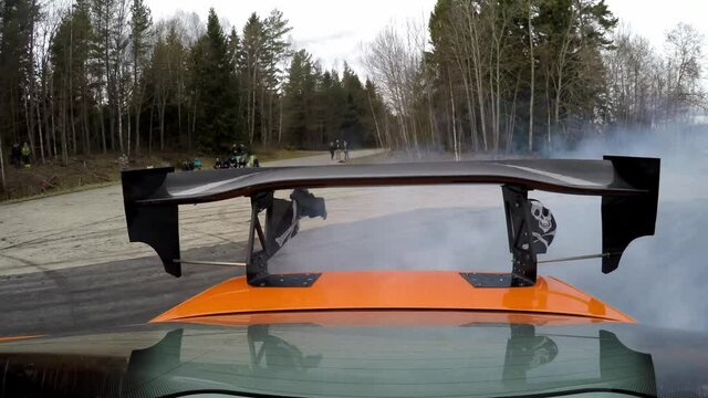 Car Drifting Huge Smoke Trail, Rear POV, Autumn