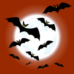 Halloween flat background. Orange drawing for autumn halloween celebration. Bats on the background of the moon.