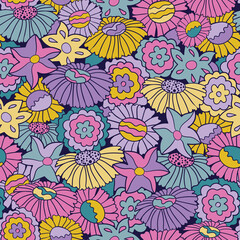 Brights and pastel retro 60s floral. Vector repeat pattern. Great for home decor, wrapping, fashion, scrapbooking, wallpaper, gift, kids, apparel.