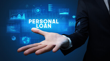 Hand of Businessman holding PERSONAL LOAN inscription, business success concept