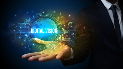 Elegant hand holding DIGITAL VISION inscription, digital technology concept