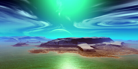Obraz na płótnie Canvas Alien Planet. Mountain and lake. 3D rendering