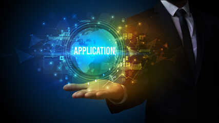 Elegant hand holding APPLICATION inscription, digital technology concept