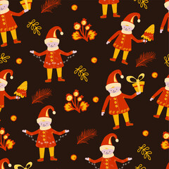 Seamless chocolate background with holiday elements: funny elves, fir branches and bushes with berries. Elves with Christmas trees, gifts and garlands in their hands. Suitable for paper design