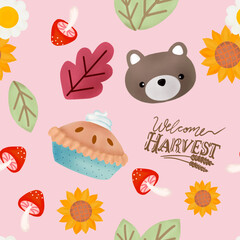 Cute illustration with fall autumn season cozy doodle and daisy sunflower leaves botanical harvest repeat semless pattern for fabric, print paper, background