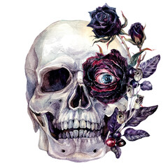 Watercolor Skull and Flowers Halloween Illustration - 385960116