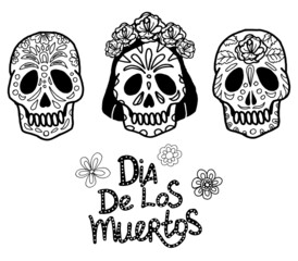 Isolated set on a white background. Three skulls with different patterns and different genders. Doodle. Female skull in colors with the inscription day of the dead. Mexico. Ideal for themed posters.