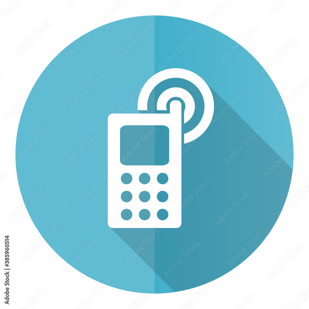 Poster phone vector icon, mobile, cell flat design blue round web button isolated on white background
