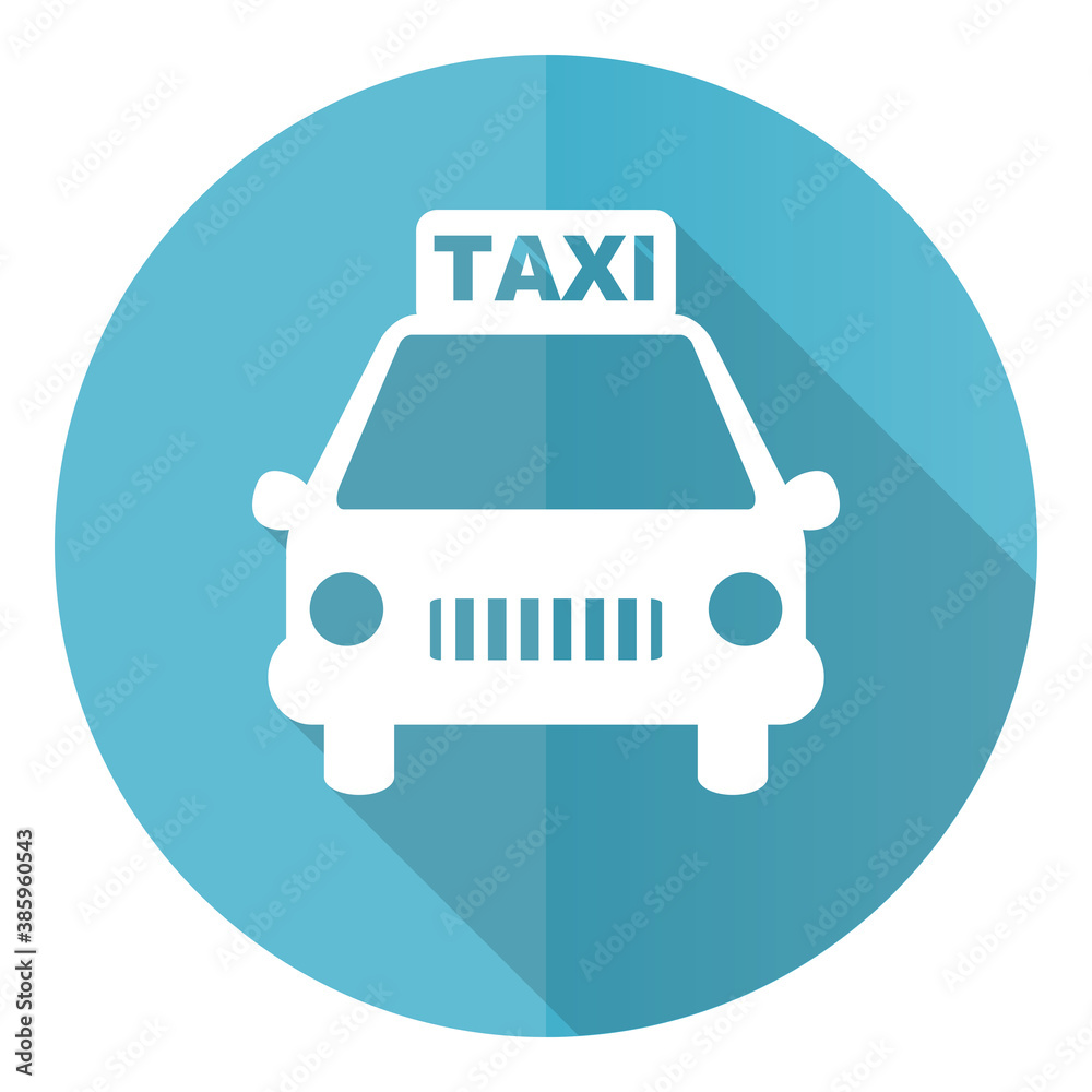 Aufkleber taxi vector icon, flat design blue round web button isolated on white background