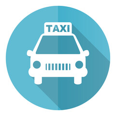Taxi vector icon, flat design blue round web button isolated on white background