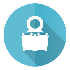 Book vector icon, flat design blue round web button isolated on white background