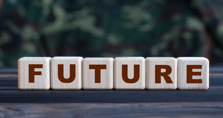 FUTURE - word on wooden cubes on blurred camouflage background