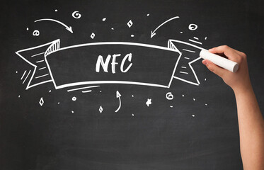 Hand drawing NFC abbreviation with white chalk on blackboard