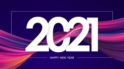 Naklejka premium Vector illustration: Happy New Year 2021. Greeting card with colorful abstract twisted paint stroke shape