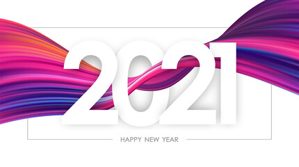 Happy New Year 2021. Greeting card with colorful abstract twisted paint stroke shape on white background.
