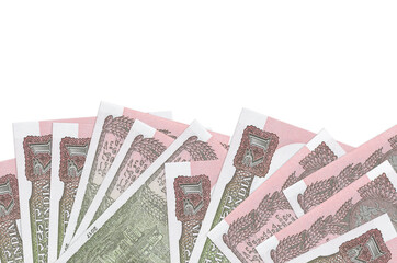 1 Indian rupee bills lies on bottom side of screen isolated on white background with copy space....