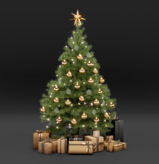 Christmas tree and gifts on black background. 3d render illustration.