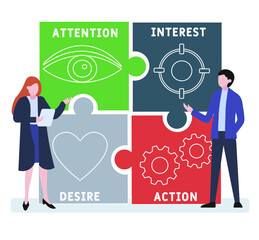 Flat design with people. AIDA - Attention, Interest, Desire and Action acronym. business concept background. Vector illustration for website banner, marketing materials, business presentation