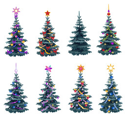 Set of decorated fir trees
