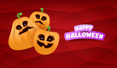 Halloween Horizontal web Banner or poster with Halloween scary pumpkins gang isolated on a red background. Funky kids Halloween concept background with greeting text