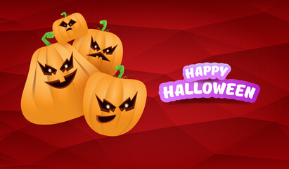 Halloween Horizontal web Banner or poster with Halloween scary pumpkins gang isolated on a red background. Funky kids Halloween concept background with greeting text
