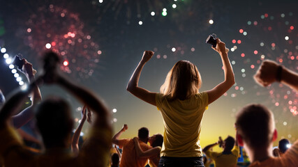 Fans celebrate in Stadium Arena night fireworks
