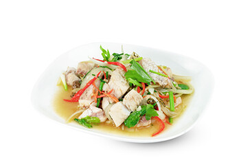 fried stir celery with seabass fish isolated on white background ,include clipping path