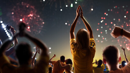 Fans celebrate in Stadium Arena night fireworks