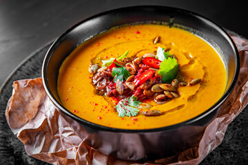 Pumpkin soup in black plate on black wooden table background