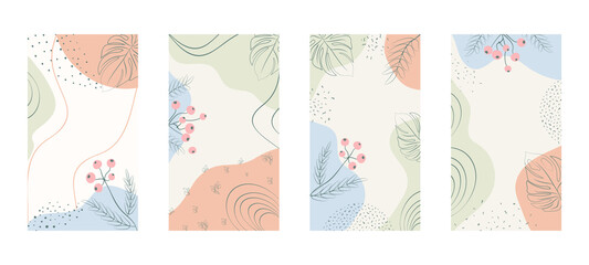 Set of editable social media stories template. Abstract creative backgrounds with floral and geometric elements. Suitable for social media stories, posts, mobile apps, banners