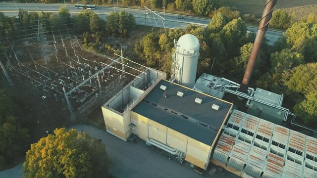 Aerial View, Power Plant, Close Distance, Highway Traffic in Background, Autumn, Renewable Energy