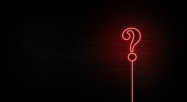 Neon glow question mark on dark purple background, question mark concept