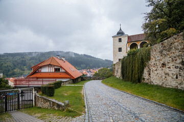Medieval Vimperk town with castle in the national park and protected landscape area of Sumava, South Bohemia, Czech Republic
