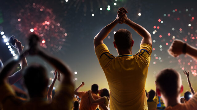 Fans celebrate in Stadium Arena night fireworks