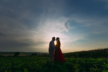 Young beautiful pregnant couple walks in the summer field at sunset. Handsome bearded young man kissing his pretty pregnant woman in red dress.