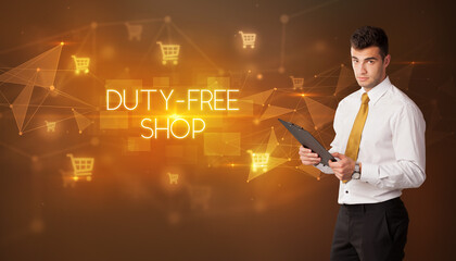 Businessman with shopping cart icons and DUTY-FREE SHOP inscription, online shopping concept