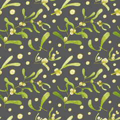Fototapeta premium Christmas watercolor pattern with mistletoe and white berries of plants on grey background Design for wrapping paper, packages, wrappers and textiles.