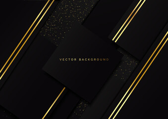 Abstract luxury square geometric overlap layer on black background with glitter and golden lines with copy space for text. Vector illustration
