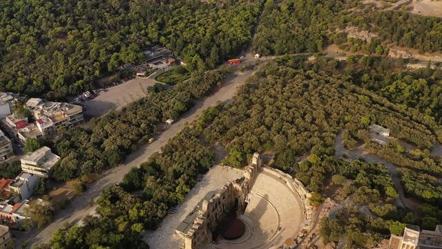Athens, Greece: Aerial view of amphitheater Odeon of Herodes Atticus in ancient center of city - landscape panorama of Europe from above