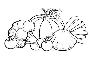 Composition of fresh fruits and vegetables. Outline black and white vector illustration. Pumpkin, pattypan squash, broccoli, tomato, apple, leeks and plums