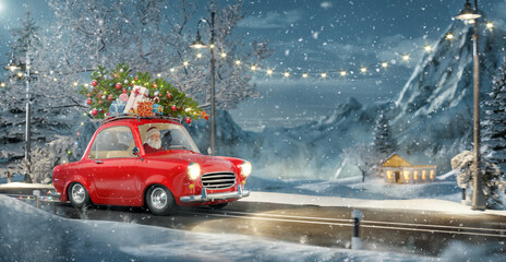 Santa claus in Cute little retro car with decorated christmas tree on top goes by wonderful countryside road. - 385966394
