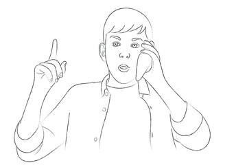 Sketch portrait of a teenager who is talking to someone on the phone while raising his index finger up