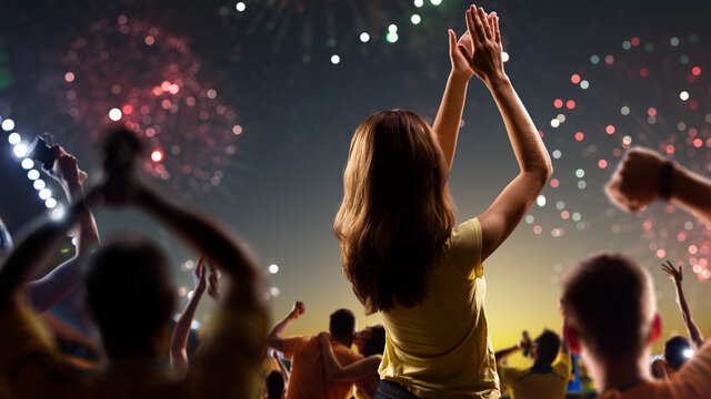 Fans celebrate in Stadium Arena night fireworks