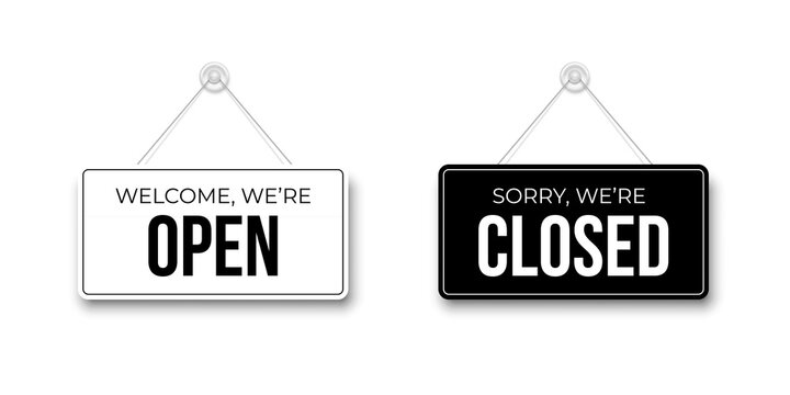 Black Closed and White Open signboards hanged on suction cup. Rectangular shape clipboard for retail, shop, cafe, bar, restaurant. Announcement template with opportunity to visit on white backdrop.