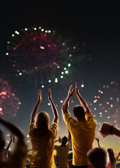 Naklejka premium Fans celebrate in Stadium Arena night fireworks