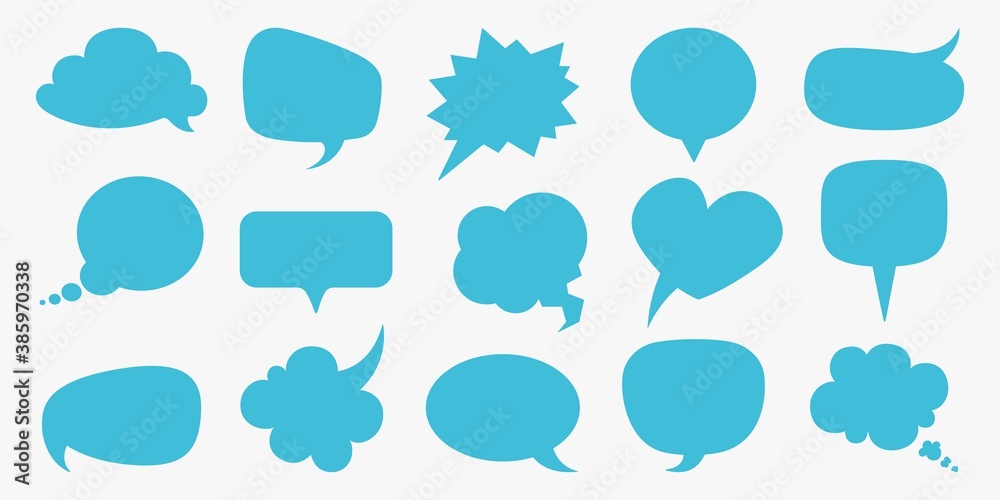 Poster speech bubbles. blue blank comment balloons set, thought empty text bubble symbol, comic think cloud