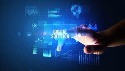 Hand touching DIGITAL SOLUTION inscription, new business technology concept