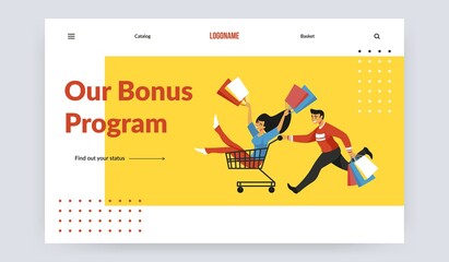 Purchase landing page. Loyalty and reward promotion, product advertising and bonus program. Online shopping service with logo place, buttons for catalog and basket. Vector website cartoon customers