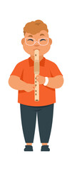 Boy musician. Cute kid playing musical instrument on party or in class. Isolated standing child with flute. Talented young man at performance. Music school or shop advertising vector flat illustration
