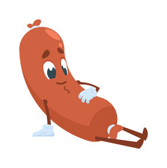 Sausage character. Breakfast food with cute face, arms and legs. Lying snack mascot, barbecue meal, fast-food and hotdogs advertising, isolated meat products logo template. Vector cartoon illustration